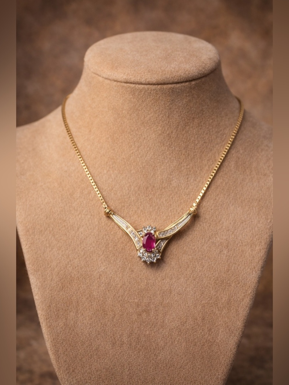 Vintage Italian ADL 10k Gold Ruby & Baguette Diamond Designer Necklace 4.3 grams - Picture 3 of 16